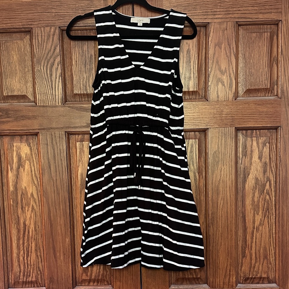 LOFT Black and White Striped Sleeveless Drawstring Midi Dress